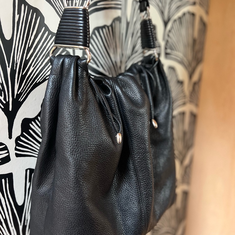Tentazione Due Italian Pebbled Black Leather Hobo Shoulder Bag Boho